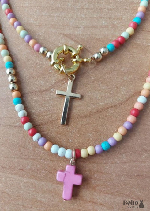 Boho Necklace, Seed Bead Layered Choker, Double Cross